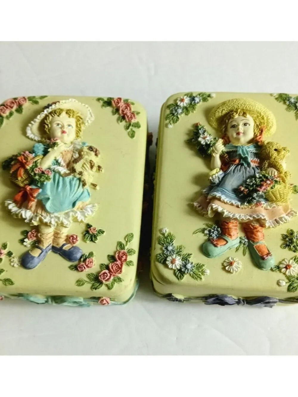 Pair of Vintage Yellow Rectangular Trinket Boxes with Raised Girl & Floral Desig
